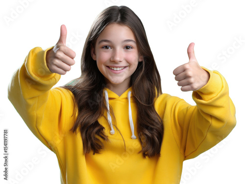 Thumbs Up: A radiant young girl exudes positivity and approval with a double thumbs-up gesture, framed by the simplicity of a clean background. A modern image conveying positive vibes, acceptance.