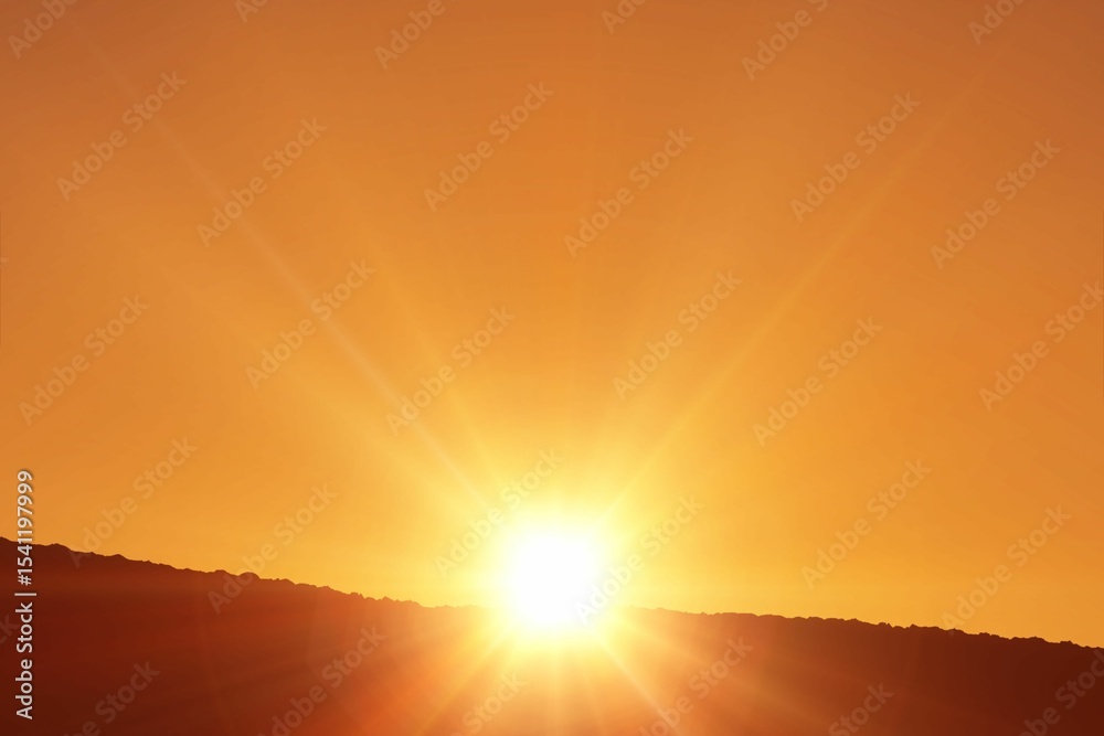 Obraz premium Bright sun orb shining against orange sky over hill silhouette in flat design, with starburst rays