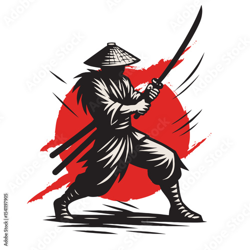 Silhouette of a Ninja Warrior with Katana and Conical Hat against Red Sun