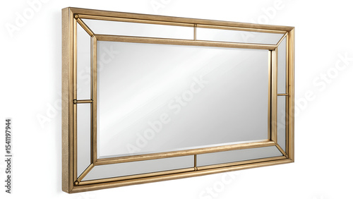 High‑end decorative wall mirror with rectangular or round beveled glass design in brushed brass finish, isolated PNG with soft natural reflection, elegant home decor interior accessory image asset
