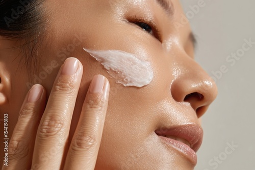 Woman applying cream to face for skin care. Close up of a woman's face and hand. Routine skincare practice.
