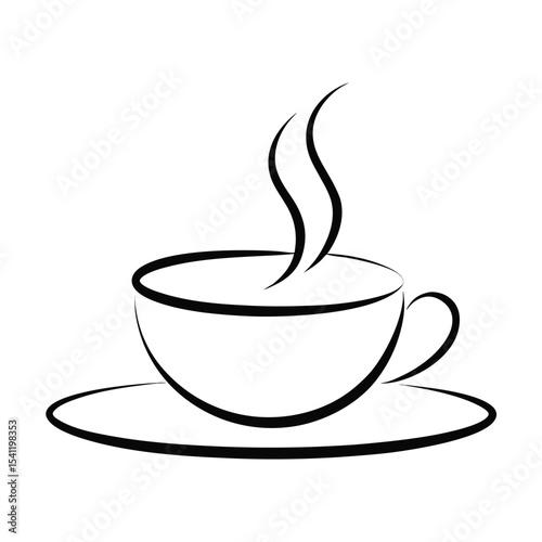 Simple black and white vector illustration of a steaming coffee cup and saucer