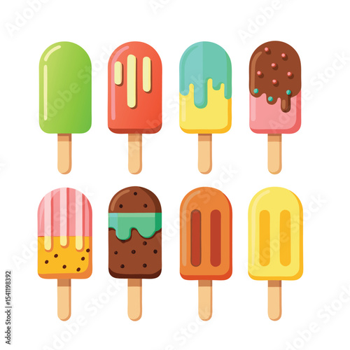 Colorful popsicles collection in various flavors presented on a white background vector illustration