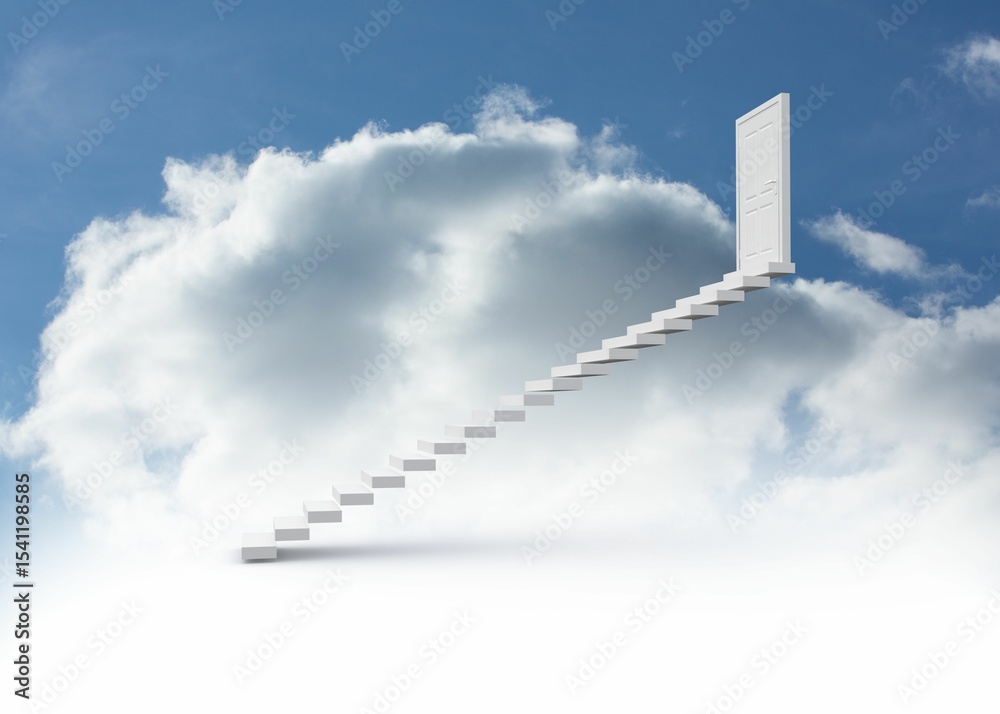 Obraz premium Steps leading to closed door in the sky