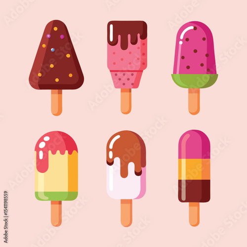 Delicious and colorful assortment of six different ice cream popsicles vector illustration