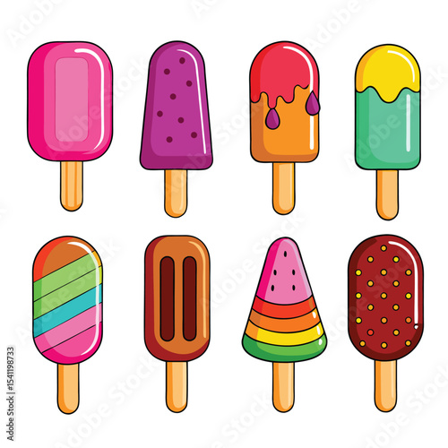 Colorful assortment of sweet frozen popsicles on sticks for summer refreshment vector illustration