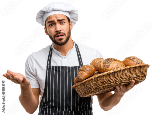 Baker’s Dilemma: A perplexed baker, adorned in a chef's hat and apron, presents a basket of freshly baked bread, seemingly uncertain. Capturing the moment of contemplation and culinary curiosity.