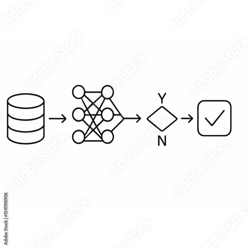 Data Processing Workflow with Neural Network Decision Point and Validation Checkmark Illustrating a Simplified Machine Learning Pipeline in Black and White Outline Style