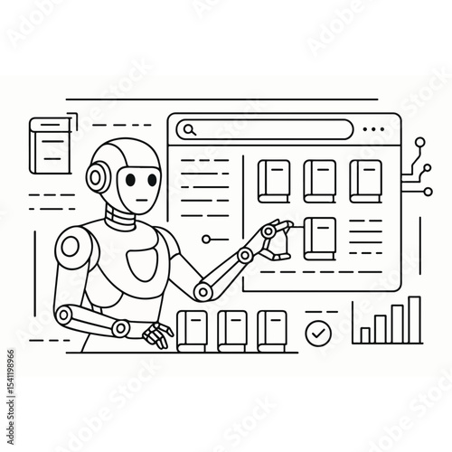 Robot Librarian Managing Digital Library Resources with Search Interface Book Icons and Data Visualization in a Clean Line Art Style Illustration robot