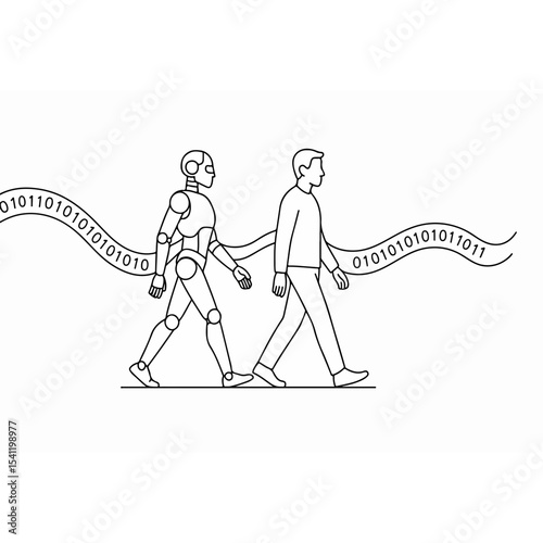 Human and Robot Walking Together Connected by Binary Code A Symbolic Representation of Artificial Intelligence and Human Collaboration in the Digital Age