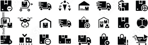 Collection of black and white delivery and shipping icons on a white background displayed in rows