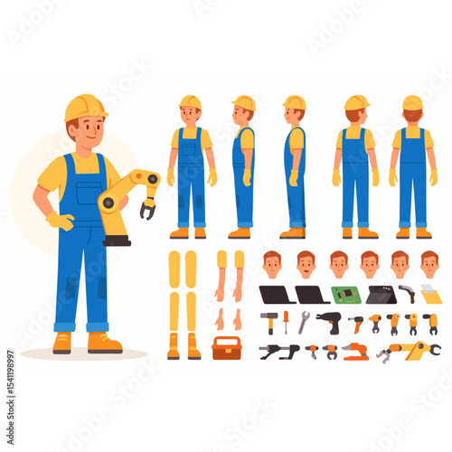 Cartoon Construction Worker Character Sheet with Interchangeable Parts and Tools Including Different Poses Head Variations and Equipment for Animation or Design Projects