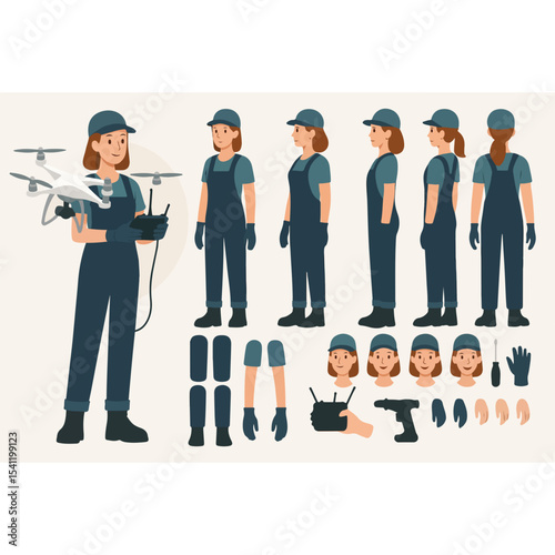 Cartoon Woman in Overalls Holding Drone Controller with Additional Poses and Body Part Options for Animation and Character Design Purposes on a Cream Background