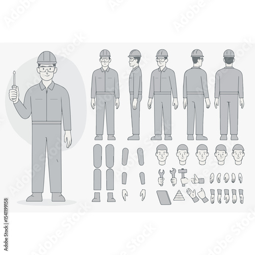 Construction Worker Character Kit with Various Poses Tools and Body Parts for Animation or Design Projects Presented in a Clean Minimalist Style Illustration