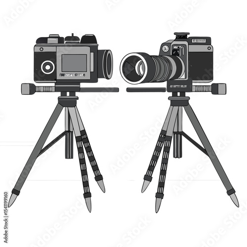 Digital cameras with tripods vector illustration depicting photography equipment in monochrome