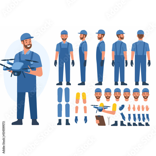 Cartoon Character Builder with Drone Customizable Male Figure in Overalls with Various Poses Expressions and Accessories for Animation and Design Projects Vector Illustration