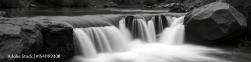 Abstract grayscale waterfall, blurred motion, textured rocks , long exposure, still