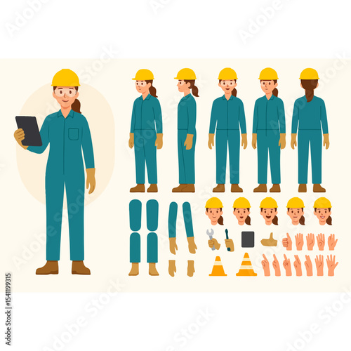 Cartoon Character Builder Female Construction Worker with Hard Hat and Various Poses Expressions and Accessories for Customization and Animation Projects Vector Illustration