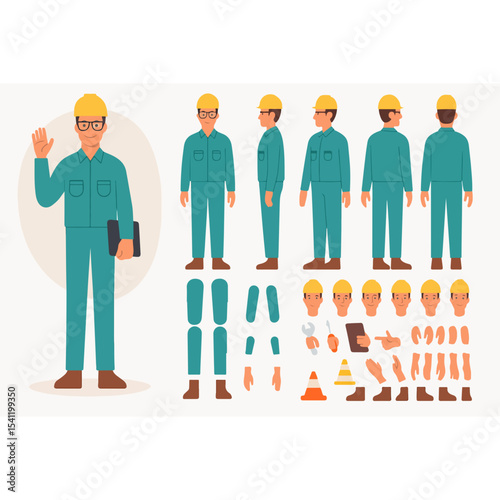 Construction Worker Character Kit with Various Poses and Accessories for Animation and Design Projects Featuring a Man in Uniform and Safety Helmet with Different Views