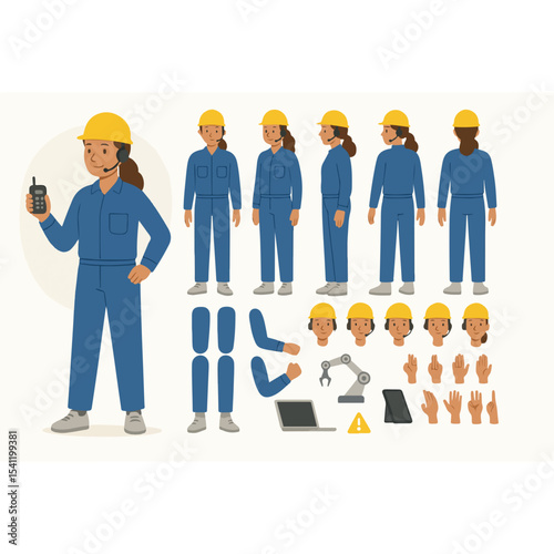 Cartoon Illustration of a Female Factory Worker Character with Various Poses Body Parts and Accessories for Animation or Design Purposes on a White Background