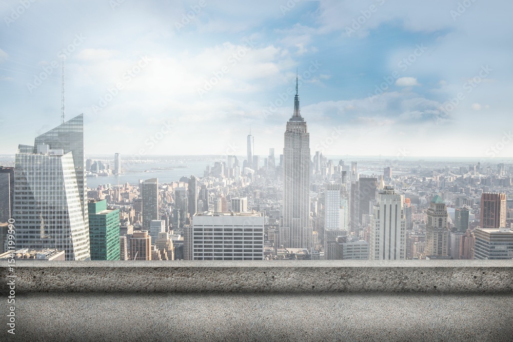 Naklejka premium Empire State Building is towering over flat design rooftop terrace, showing concrete ledge skyline