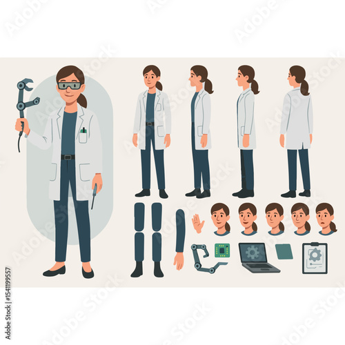 Scientist Character Design with Multiple Views and Poses Including Facial Expressions Limbs and Accessories like a Robotic Arm Laptop and Clipboard with Gear Icon