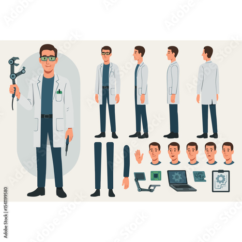 Character Design Sheet of a Robotics Engineer with Various Poses Facial Expressions and Robotic Components for Animation and Game Development Purposes Flat Vector Illustration