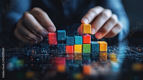 Businessman assembling blocks in a digital environment, symbolizing business growth and development. 