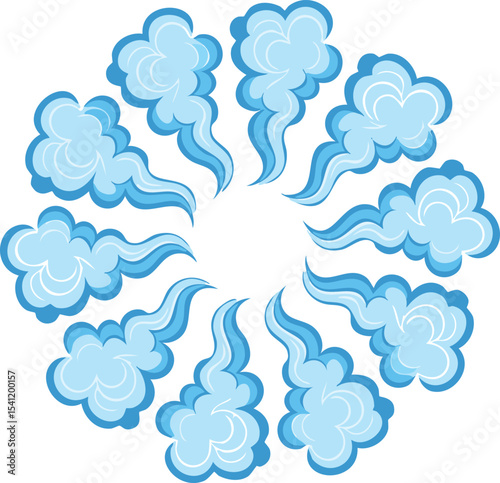 Vector illustration of a circular cartoon smoke explosion made of soft blue clouds, minimal shading and stylized puffs, arranged in a ring formation, white background, flat comic style, clean and simp