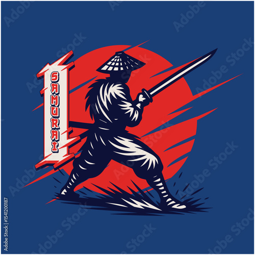 Silhouette of a Ninja Warrior with Katana and Conical Hat against Red Sun