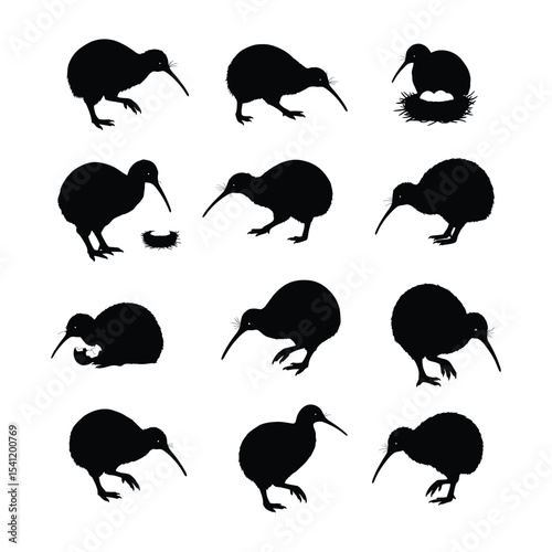 Kiwi Bird Silhouette Collection – 12 Black Kiwi Vector Clipart Designs in Various Poses and Nesting .