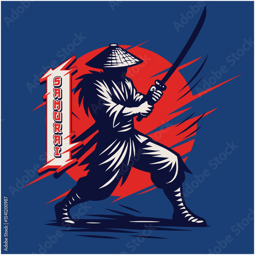 Silhouette of a Ninja Warrior with Katana and Conical Hat against Red Sun