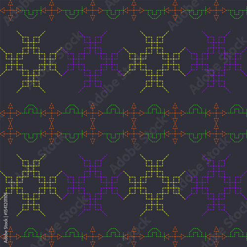 Seamless pattern geometric fractal designs yellow,purple,orange,green on dark background. pixel art or digital embroidery,engaging and repetitive tile.Abstract and modern endless backgrounds,textiles.