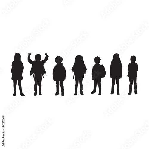 Silhouettes of diverse children, ready for school or an adventure.A collection of black silhouettes of children, diverse in their poses and clothing
