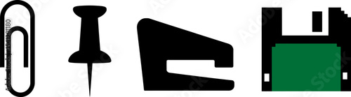 Office supplies clip pushpin stapler floppy disk stationery organization tools equipment vector icon set editable stock vector illustration