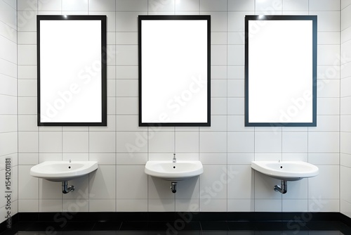 Blank Advertising Board Mounted on Restroom Wall in Public Facility Interior
