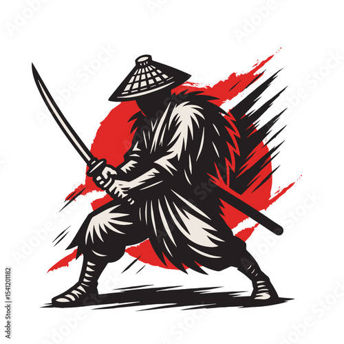 Silhouette of a Ninja Warrior with Katana and Conical Hat against Red Sun