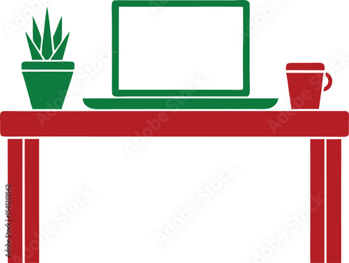 Minimalist workspace illustration with laptop plant and mug in bold colors