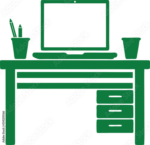 Green office desk and laptop computer arrangement with transparency design element
