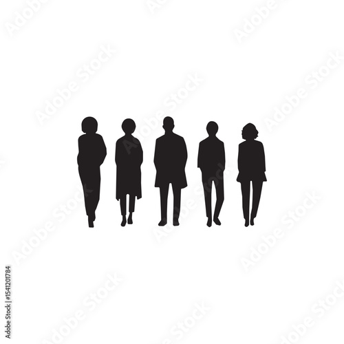 Simple Silhouettes of Diverse People in a Row.This image features five stylized silhouettes of people standing in a row against a plain white background.
