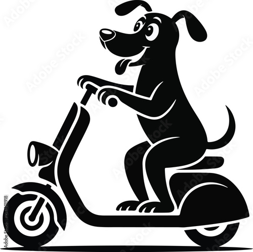 A black silhouette of a cartoon dog riding a scooter with a happy expression on a white background