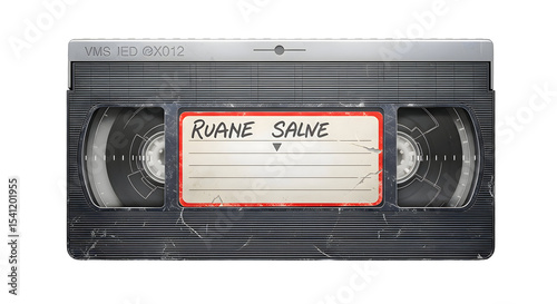 Retro VHS video tape cassette labeled for nostalgic home video or vintage media concept, transparent background