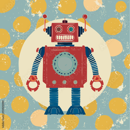 A bold three-tone vector of a vintage robot in a retro print style, with geometric accents and textured color