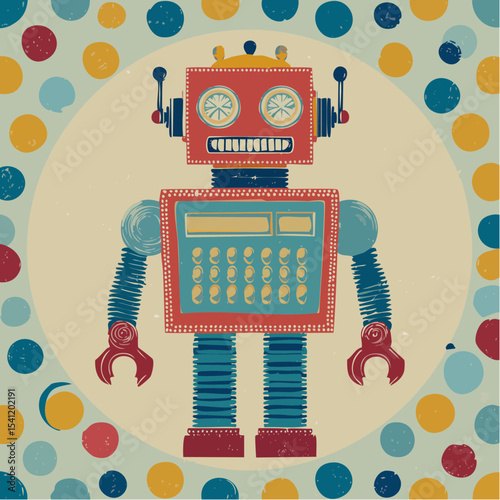 A bold three-tone vector of a vintage robot in a retro print style, with geometric accents and textured color