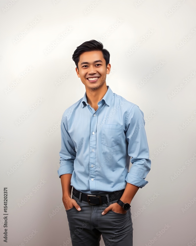 Fototapeta premium Confident Young Man in Casual Smart Outfit Posing Indoors