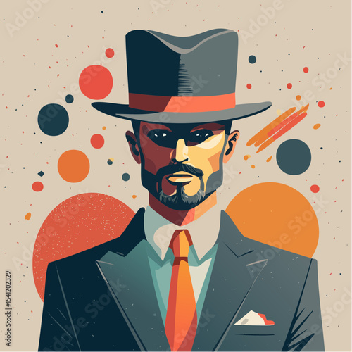 A bold vector poster of a classic man in a bowler hat, with retro graphics and three-tone block styling.