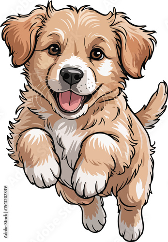 A happy cartoon golden retriever puppy jumping with its tongue out on a white background artwork