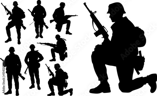 Soldier silhouette vector army military war armed forces infantry combat troops warriors fighters 100 char editable stock vector illustration