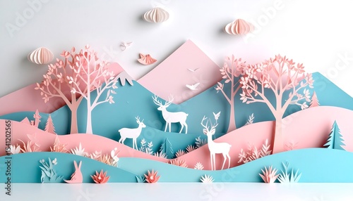 Whimsical Pastel Papercut Landscape Delicate Deer, Blooming Trees, and Rolling Hills