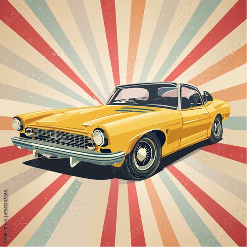 A vintage sports car speeding across the frame in a bold, graphic three-tone vector layout.
